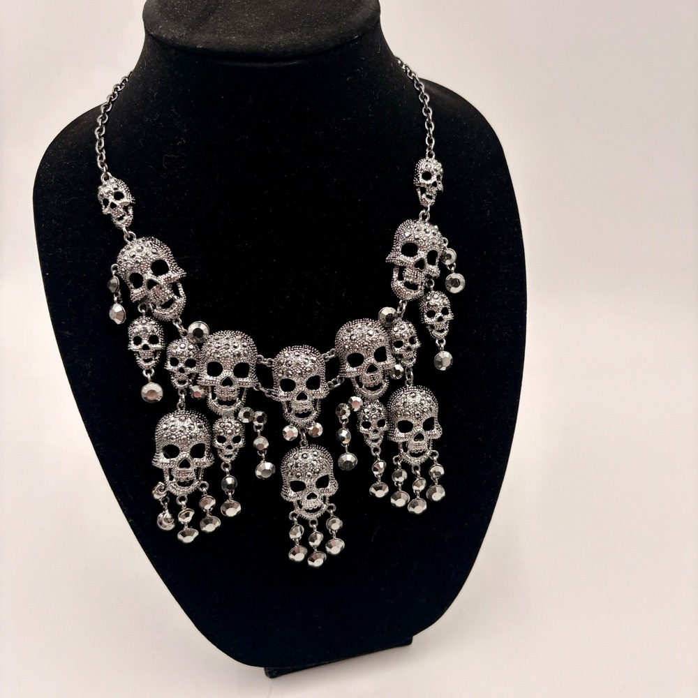 Natasha Gunmetal Skull Bib Statement Necklace Rhinestone Halloween Goth